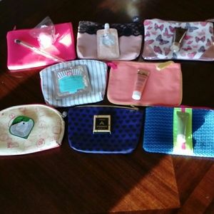 8 ipsy makeup bags w/ one item in each!